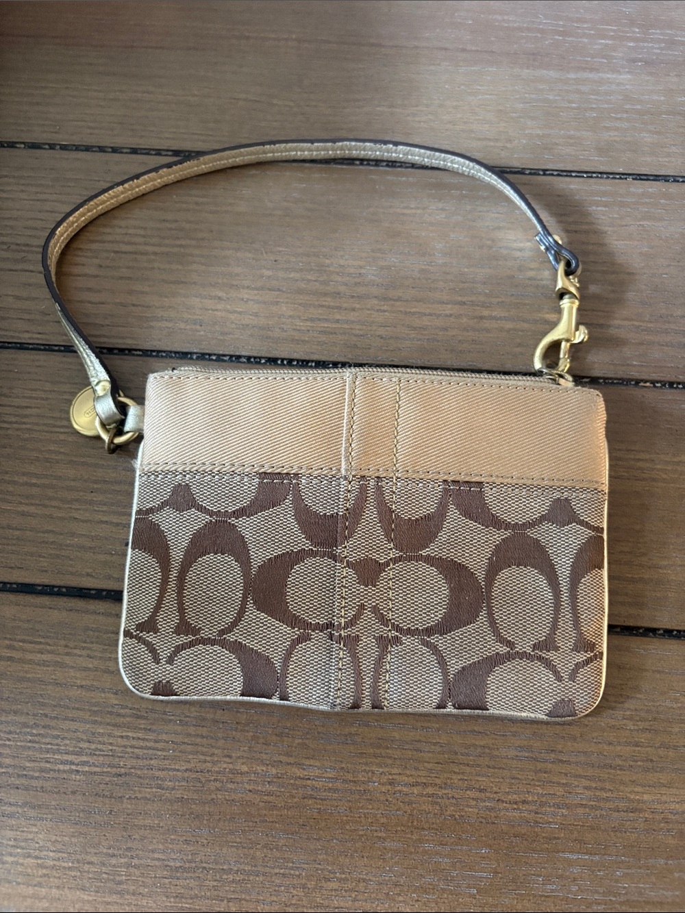 Coach Tan & Brown Signature Wristlet with Gold Hardware